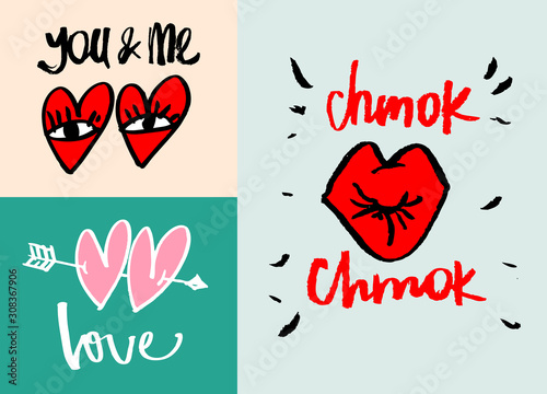 Symbols of Valentine's Day, hearts and sponges with thematic inscriptions. Perfect for holiday decoration and just for your favorite letters.