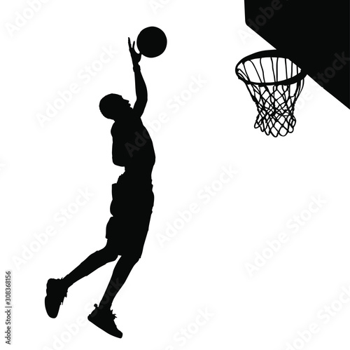 Vector silhouette of a basketball player dunking the ball.