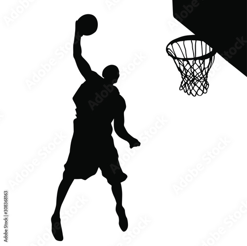 Vector silhouette of a basketball player dunking the ball.