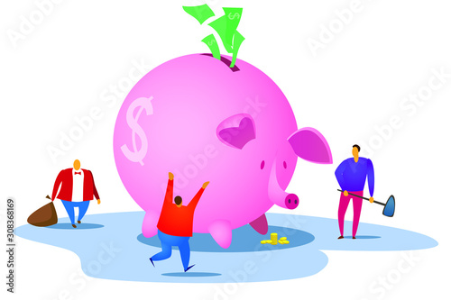 Bankers and businessmen make money from a big pig piggy bank. The concept of a financial bubble and saving money. Vector illustration