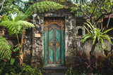 Traditional balinese handmade carved wooden door. Bali style furniture with ornament details. Old and vintage local style of architecture in Bali. Handmade details.