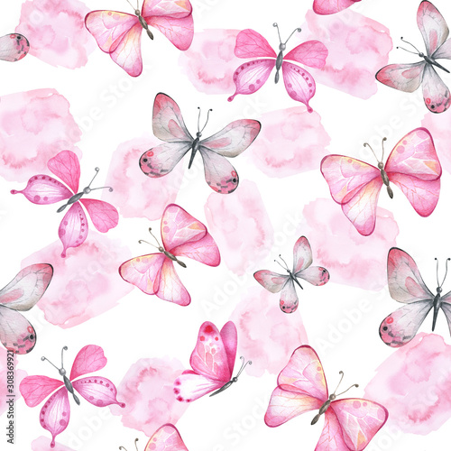Watercolor seamless pattern with pink butterflies and spots.