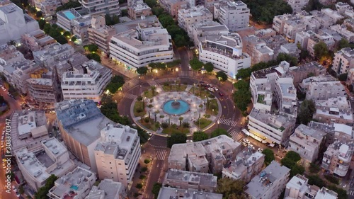 Dizengoff square in tel Aviv, Israel, at night, 4k aerial drone view photo