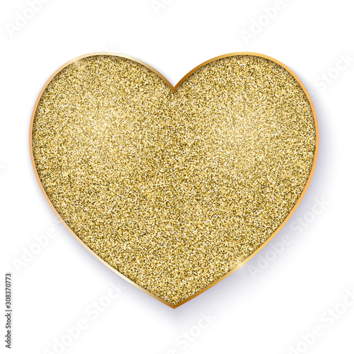 Golden heart with glittering texture. Golden symbol, isolated on white background. Icons for new year and valentines days holidays, luxury events. Vector illustration, EPS10