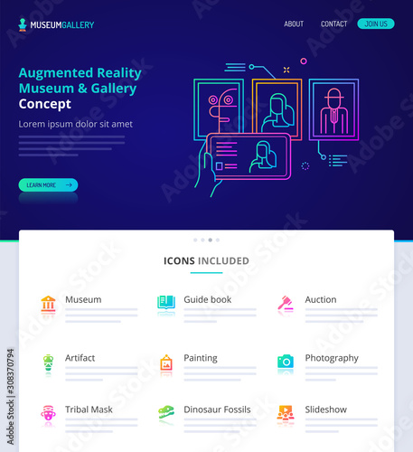 Website design, logo, header illustration and icons related to augmented reality in art and gallery. Landing page - home page template and vector graphic element set. (EPS10)