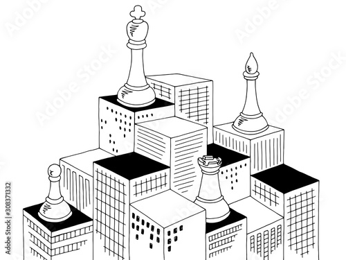 City chess graphic black white cityscape sketch illustration vector