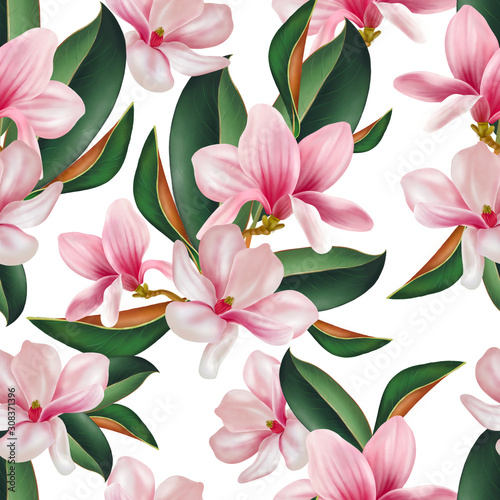 Beautiful colorful pattern with flowers and leaves of magnolia.