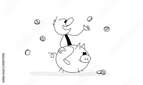 Doodle stick figure: happy banker, piggy bank, business metaphor. 