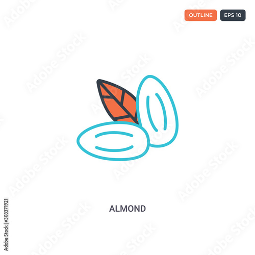 2 color Almond concept line vector icon. isolated two colored Almond outline icon with blue and red colors can be use for web, mobile. Stroke line eps 10.
