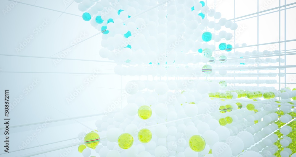 Abstract white and colored gradient glasses interior from array spheres with large window. 3D illustration and rendering.