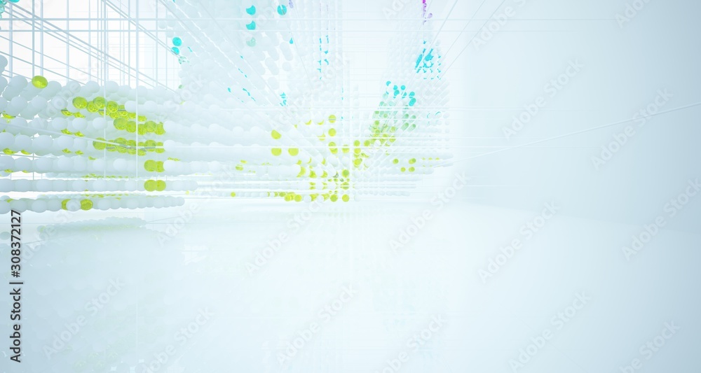 Fototapeta premium Abstract white and colored gradient glasses interior from array spheres with large window. 3D illustration and rendering.
