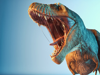 Poster Dinosaurus Brullende T-rex bij zonsondergang  © Orlando Florin Rosu