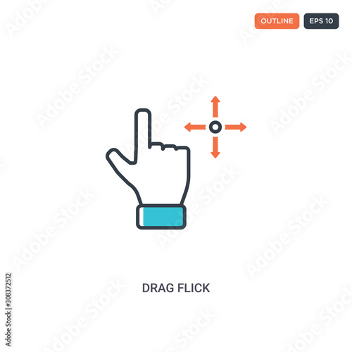 2 color Drag flick concept line vector icon. isolated two colored Drag flick outline icon with blue and red colors can be use for web, mobile. Stroke line eps 10.