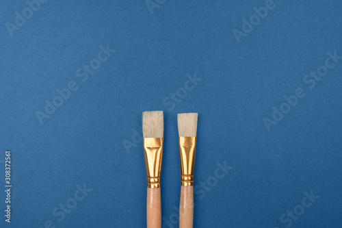Two brushes is a warm color with a natural bristle brush on the blue cold background.