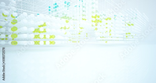 Abstract white and colored gradient glasses interior from array spheres with large window. 3D illustration and rendering.