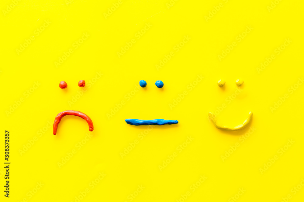 Customer experience concept. Smiles or emoji - good, neutral, bad feedback - on yellow background top-down copy space Customer experience concept. Smiles or emoji - good, neutral, bad feedback - on yellow background top-down copy space