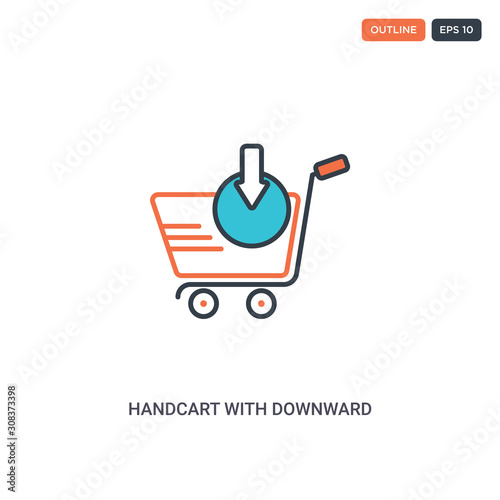 2 color Handcart with downward arrow concept line vector icon. isolated two colored Handcart with downward arrow outline icon with blue and red colors can be use for web, mobile. Stroke line eps 10.