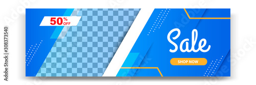 Abstract gradient modern geometric banner template design in blue, yellow, orange color. Suitable for advertising and promotion in social media post, blog, web, cover, header. Vector Illustration. 