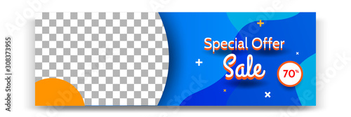 Abstract gradient modern geometric banner template design in blue, yellow, orange color. Suitable for advertising and promotion in social media post, blog, web, cover, header. Vector Illustration. 