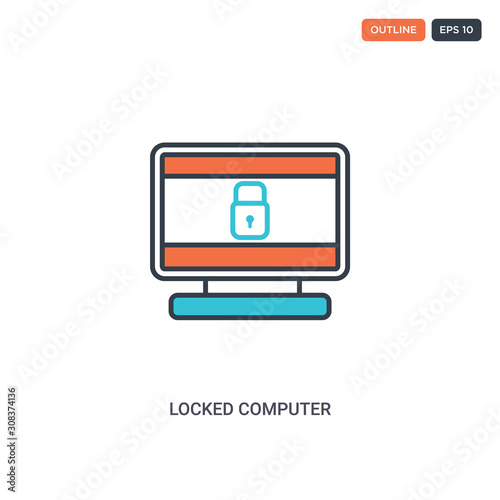 2 color Locked computer concept line vector icon. isolated two colored Locked computer outline icon with blue and red colors can be use for web, mobile. Stroke line eps 10.