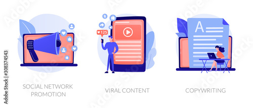 Digital marketing types icons set. SMM, influencer online advertising. Social network promotion, viral content, copywriting metaphors. Vector isolated concept metaphor illustrations.