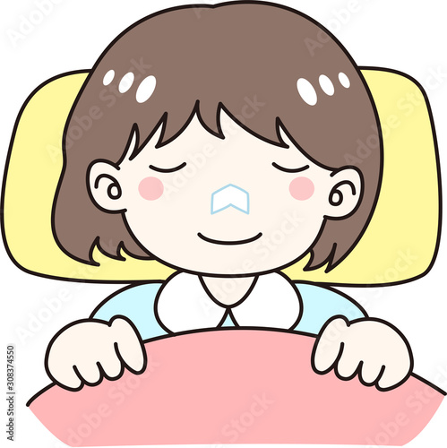 鼻にテープを貼って眠る女の子　鼻呼吸　鼻腔拡張　乾燥　いび　防止　矯正　テープ　睡眠　布団　夜　寝る