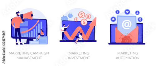 Company promotion icons set. Cost optimization, capital spending. Marketing campaign management, marketing investment, marketing automation metaphors. Vector isolated concept metaphor illustrations.