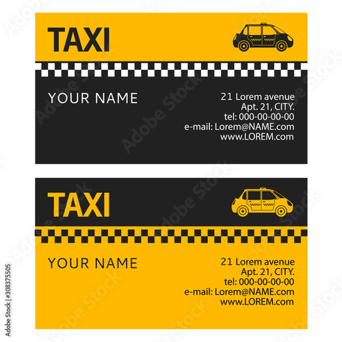 Taxi service business card design concept.Yellow cab.Call a hatchback car.Flat illustration vector.