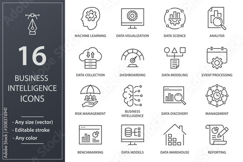 Business Intelligence line icons set. Black vector illustration. Editable stroke.