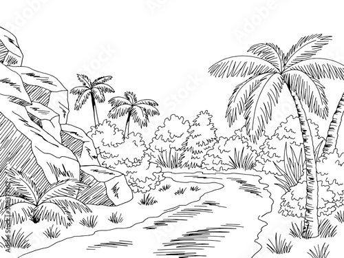 Jungle road graphic black white landscape sketch illustration vector