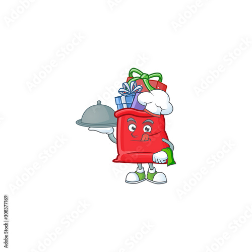 smiling santa bag full of gift as a Chef with food cartoon style design