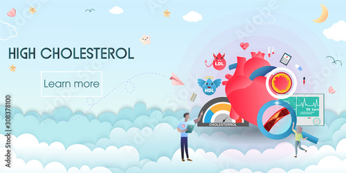 High Cholesterol Blood Pressure Tiny People Character Concept. Suitable For Wallpaper, Banner, Background, Card, Book And Web Landing Page. Vector Illustration