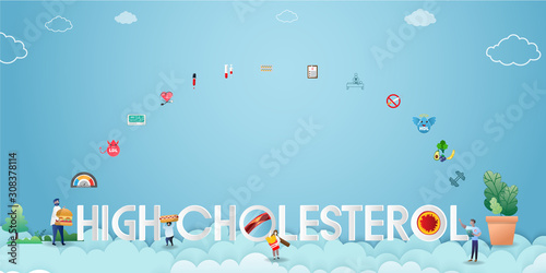 High Cholesterol Blood Pressure Tiny People Character Concept. Suitable For Wallpaper, Banner, Background, Card, Book And Web Landing Page. Vector Illustration