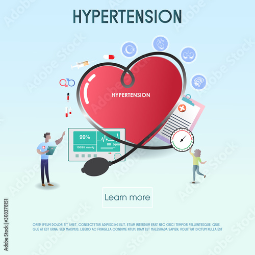 Hypertension patient treatment Concept. Blood pressure monitor. Complication of body and gender. Suitable For Wallpaper, Banner, Background, Card, Book, And Web LandingPage.Vector Illustration