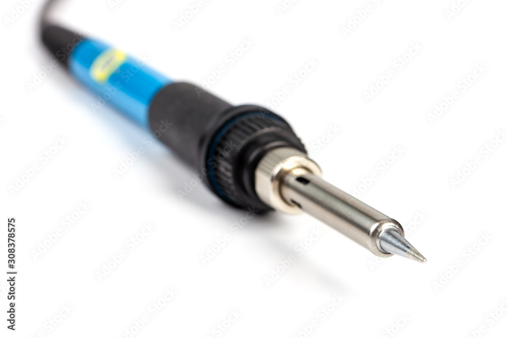 Close-up of a soldering iron tip with a blue handle Close-up of a soldering iron tip with a blue handle