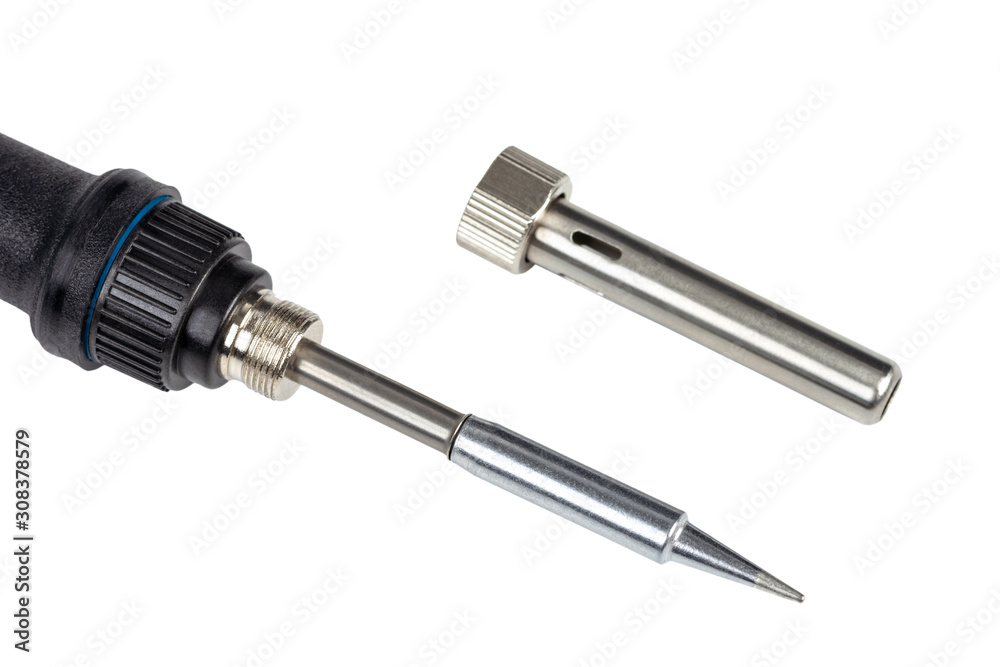 Close-up of a soldering iron tip with a blue handle Close-up of a soldering iron tip with a blue handle