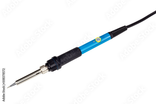 Electric soldering iron with the blue handle.