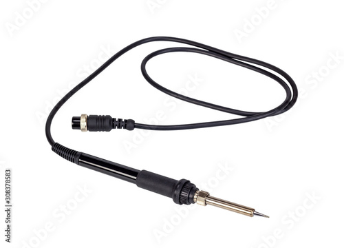 Electric soldering iron with the black handle.