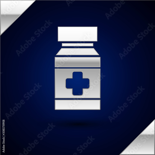 Silver Dog medicine bottle and pills icon isolated on dark blue background. Container with pills. Prescription medicine for animal. Vector Illustration