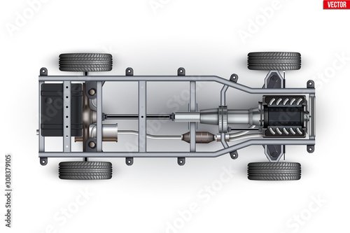 Car Frame Chassis. Vehicle frame with engine and Transmission. Wheels and exhaust pipe on automobile chassis. Rear wheel drive of under body car. Vector Illustration isolated on white background.