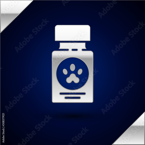 Silver Dog medicine bottle and pills icon isolated on dark blue background. Container with pills. Prescription medicine for animal. Vector Illustration