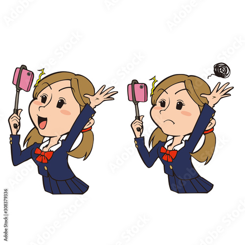 自撮りをしている女子高生：笑顔と困り顔のセット