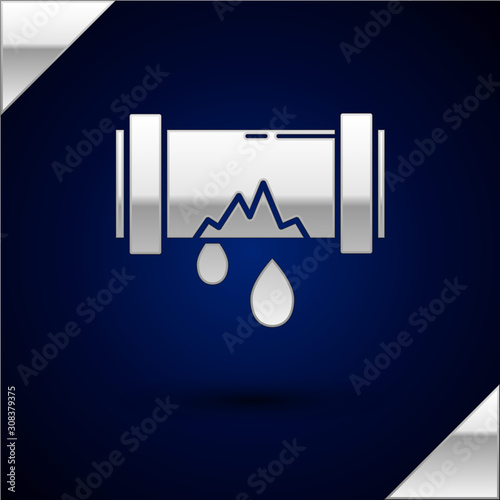 Silver Broken metal pipe with leaking water icon isolated on dark blue background. Vector Illustration