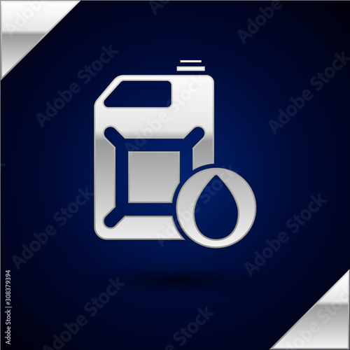 Silver Plastic canister for motor machine oil icon isolated on dark blue background. Oil gallon. Oil change service and repair. Vector Illustration
