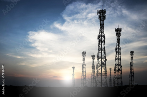Telecommunication tower with sunset background Communicate