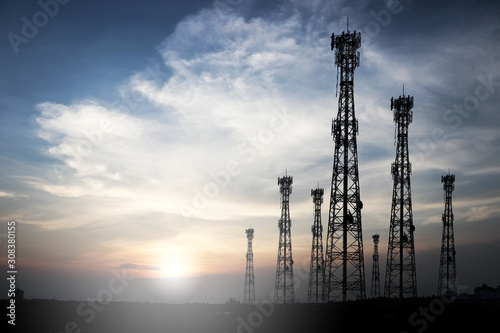 Telecommunication tower with sunset background Communicate photo