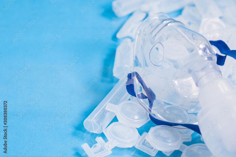 Mask for inhalation with opened empty bufuses or plastic ampoules ...