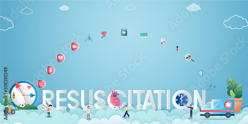 Resuscitation, emergency rescue team concept flat vector. Resuscitation ambulance, first aid concept for website and mobile website development, landing page, apps are presented. Vector Illustration