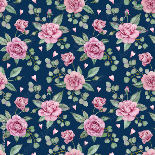 Seamless floral pattern with pink roses and green leaves of eucalyptus. Watercolor illustration. © annakonchits