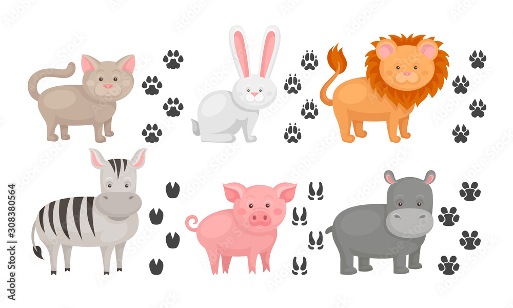 Cute Farm and Wild Animals and Their Paw Fingerprints Collection, Cat, Hare, Lion, Zebra, Pig, Hippo Vector Illustration Cute Farm and Wild Animals and Their Paw Fingerprints Collection, Cat, Hare, Lion, Zebra, Pig, Hippo Vector Illustration